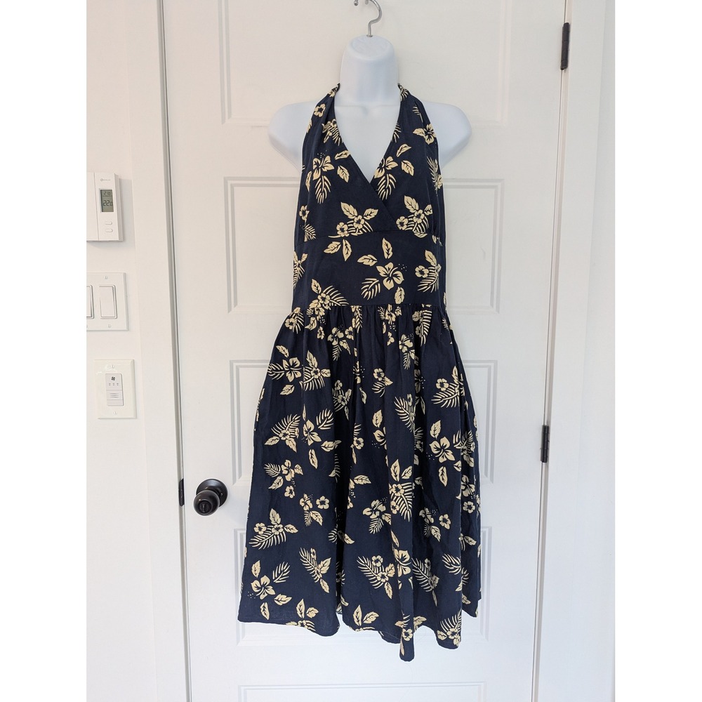 Navy Blue Tropical Hibiscus Floral Cotton Halter‎ Midi Dress Large
